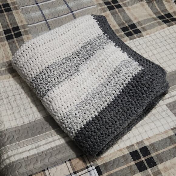 Beautiful handmade crochet blanket throw stripes greys and white rug - Picture 1 of 6